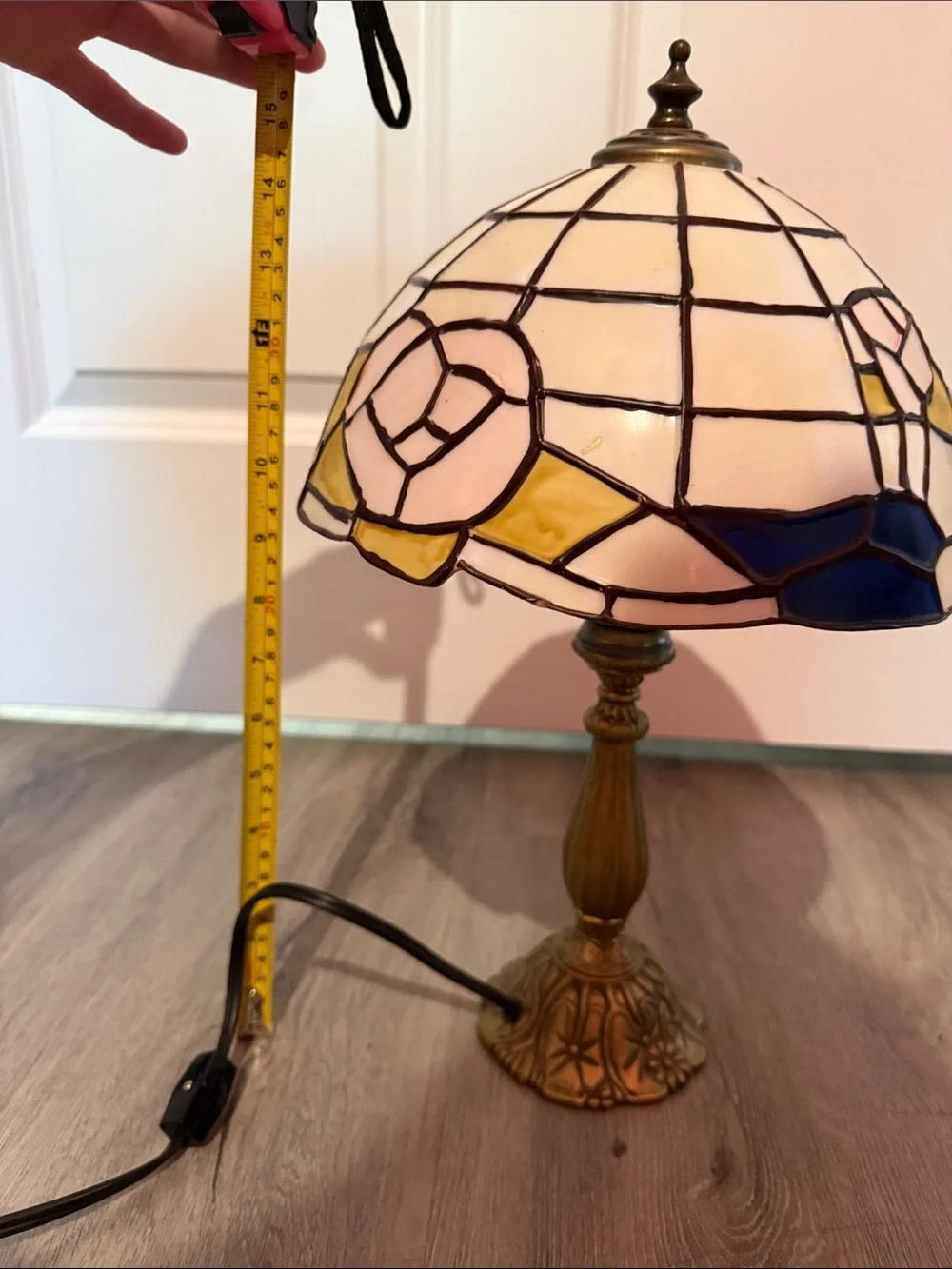 Vintage 1998 Tiffany Style Faux Stained Glass Lamp Blue & Amber Mosaic Shade 💕